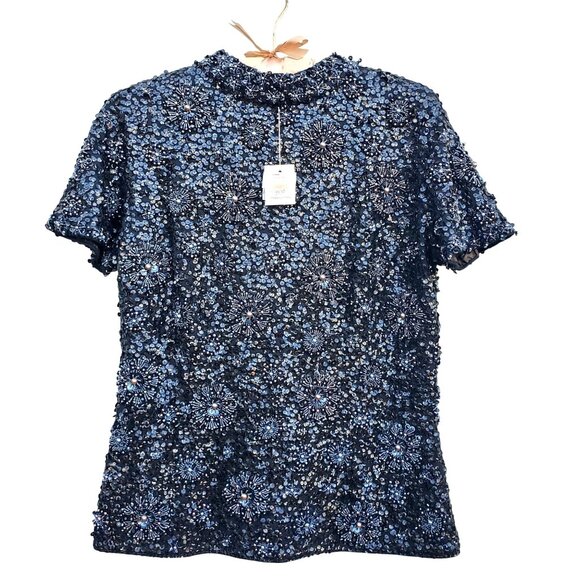 Vintage 1960s Black Hand Beaded NWT Sequined Wool Top 10 Made in Hong Kong NOS - Picture 1 of 12